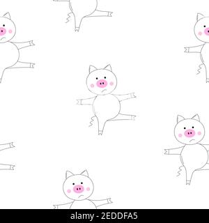 Vettore di contorno animali senza cuciture modello. Il maialino fa esercizi, va in per gli sport. Carino maiale su sfondo bianco. Cartoon adorabile carattere Illustrazione Vettoriale