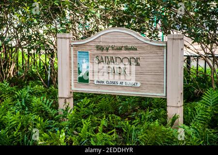 Il cartello per il Parco Salvadore a Coral Gables, Florida. Foto Stock