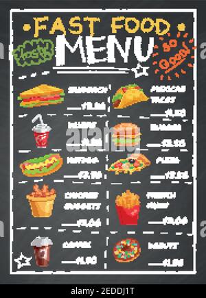 Il menu del ristorante fast food con panini, patate fritte, pizza ciambelle bevande su lavagna nera illustrazione vettoriale Illustrazione Vettoriale