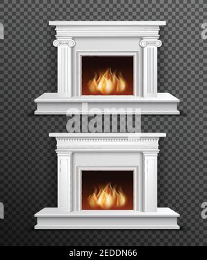Set di 2 moderni caminetti a legna da interno bianchi, uno sotto un'altra illustrazione vettoriale su sfondo trasparente nero Illustrazione Vettoriale