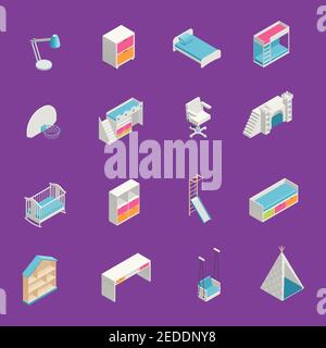 Icone isometriche della camera per bambini con mobili su sfondo viola illustrazione vettoriale isolata Illustrazione Vettoriale