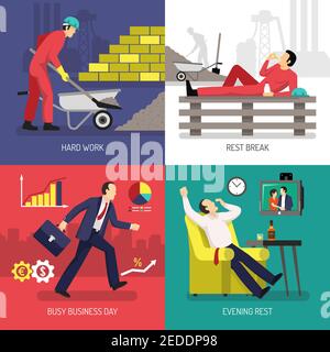 Design concept con lavoratore stanco dopo il duro lavoro e il riposo dopo una giornata lavorativa occupata, illustrazione vettoriale isolata Illustrazione Vettoriale