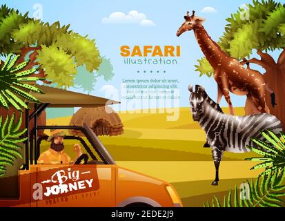 Poster colorato Safari con grande titolo di viaggio e turistico con animali a suo modo illustrazione vettoriale Illustrazione Vettoriale