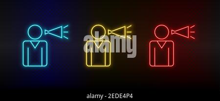 Serie di icone al neon pubblicità, corno. Set di icone vettoriali al neon rosse, blu e gialle Illustrazione Vettoriale