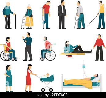 Gruppo di disabili, inclusi non udenti feriti e anziani persone incinta donna neonato isolato vettore illustrazione Illustrazione Vettoriale