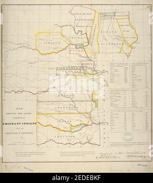 Mappa che mostra le terre assegnate agli Indiani emigranti ad ovest di Arkansas e Missouri Foto Stock