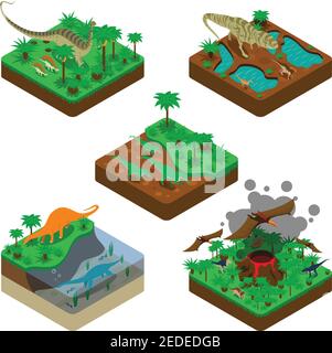 Composizioni isometriche di dinosauri con volo terrestre e rettili d'acqua atterrano con piante che eruttano vulcano isolato illustrazione vettoriale Illustrazione Vettoriale