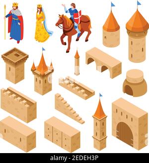 Elementi del castello medievale insieme isometrico tra cui torri e mura ponte cancello e famiglia reale isolato vettore illustrazione Illustrazione Vettoriale