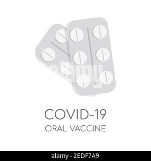 Modello di scheda piatta vettoriale per vaccino orale Covid-19 con spazio di testo. Compresse, compresse in blister isolato su sfondo bianco. Farmaci contro la pericolosa malattia di Coronavirus. Illustrazione Vettoriale