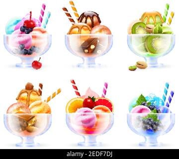 Assortimento di vetro sherbet immagini realistiche con gelato colorato fruttato cocktail di diversi colori e condimenti illustrazione vettoriale Illustrazione Vettoriale