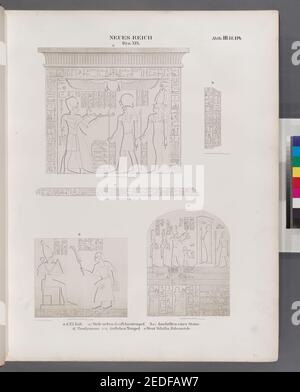 Neues Reich. Dynastie XIX.a - d. El Kab (el-Kab)- (a) Stele neben dem Felsentempel, (c. b.) Inschriften einer statue, (d) Proskynema am östlichen Tempel; e. Silsilis occidentale (Gebel el-Silsila), Foto Stock