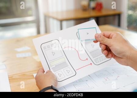 Graphic designer lavorano insieme con UX designer di interfaccia utente di applicazione di pianificazione del layout del modello di quadro per telefono cellulare mobile computer Foto Stock
