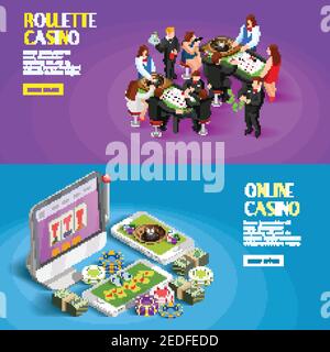 Banner isometrici Casino con roulette tavoli da gioco persone personaggi e. applicazioni di gioco online con l'illustrazione vettoriale dei pulsanti per saperne di più Illustrazione Vettoriale