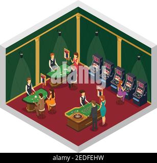 Composizione isometrica colorata del casinò con due pareti e rosso pavimento con tavoli da gioco e visitatori illustrazione vettoriale Illustrazione Vettoriale