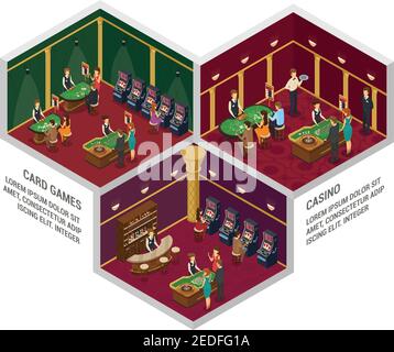 Tre composizioni isometriche di interni del casinò colorate con giochi di carte e. illustrazione vettoriale delle descrizioni dei casinò Illustrazione Vettoriale