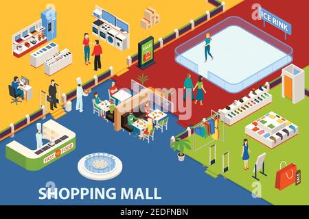 Sfondo centro commerciale con negozi isometrici al coperto plaza ristoranti moda negozi con mobili e personaggi illustrazione vettoriale Illustrazione Vettoriale