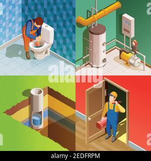 Problema di fissaggio idraulico concetto 4 icone isometriche colorate quadrate con gabinetto senza registrazione con stantuffo isolato illustrazione vettoriale Illustrazione Vettoriale