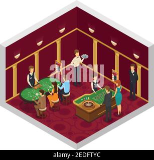 Interno isometrico colorato del casinò con tavoli verdi gioco di dadi illustrazione vettoriale dei dipendenti del casinò Illustrazione Vettoriale