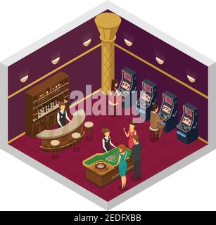 Casinò colorato interno isometrico con grande stanza con slot e. illustrazione vettoriale della tabella di gioco Illustrazione Vettoriale