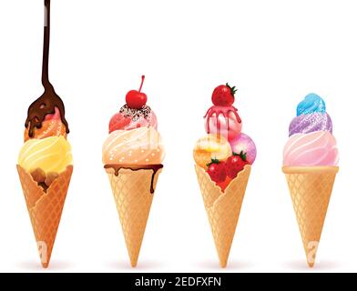 Set di coni per gelato con quattro wafer di icecream colorati e realistici di diverso gusto con l'illustrazione vettoriale di condimenti di bacche Illustrazione Vettoriale