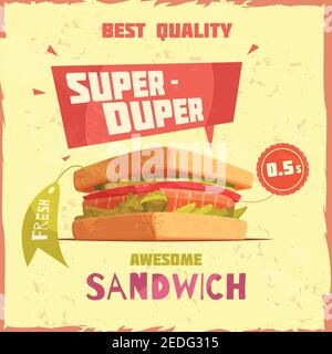 Super duper sandwich di migliore qualità con prezzo e tag poster promozionale su illustrazione vettoriale con sfondo testurizzato Illustrazione Vettoriale