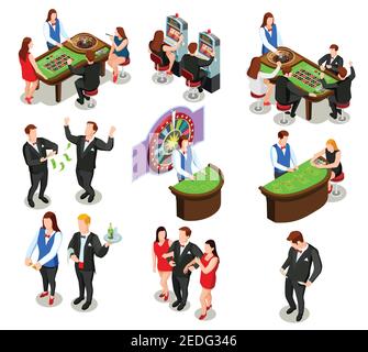 Icone decorative colorate isometriche del casinò con croupier e giocatori che giocano roulette poker e slot machine isolato vettore illustrazione Illustrazione Vettoriale