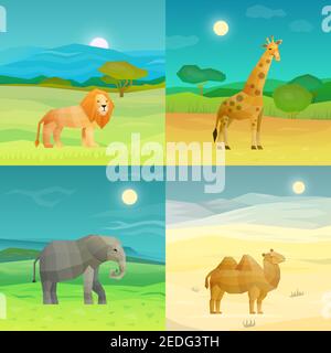 Animali africani poligonali 2x2 Set con leone di cammello elefante e. giraffe su sfondo natura isolato illustrazione vettoriale Illustrazione Vettoriale