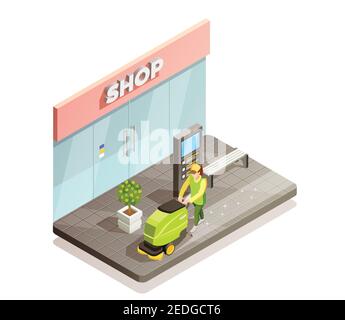 Pulizia della composizione isometrica del design con l'aspirapolvere MEN vicino alle lastre di pavimentazione illustrazione vettoriale negozio Illustrazione Vettoriale