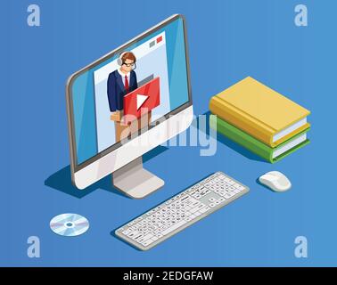 Formazione online icona composizione isometrica con libri e computer desktop con tutorial video insegnante in cuffia vettoriale illustrazione Illustrazione Vettoriale