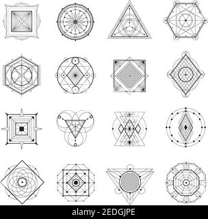 Simboli astratti della geometria sacra insieme monocromatico isolato su sfondo bianco illustrazione vettoriale piatta Illustrazione Vettoriale