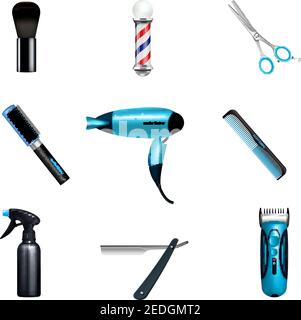 Set di icone colorate e isolate per barbiere con parrucchieri e parrucchieri illustrazione vettoriale degli strumenti di lavoro Illustrazione Vettoriale