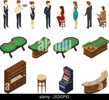 Set di icone isometriche colorate e isolate con mobili per sale e illustrazione vettoriale del personale di assistenza Illustrazione Vettoriale