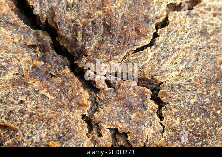 Superficie incrinata di pane di segale marrone appena sfornato in primo piano Foto Stock