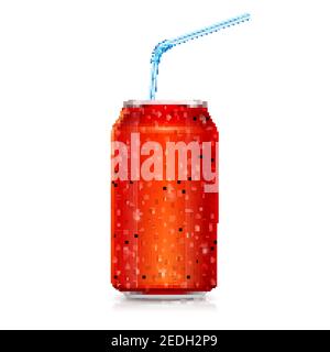 Lattina rossa realistica con gocce d'acqua isolate su sfondo bianco. La cannuccia da cocktail fuoriesce dalla lattina. Illustrazione vettoriale 3d. Illustrazione Vettoriale