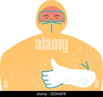 medico che indossa la maschera protettiva con cappuccio e il pollice illustrazione del vettore dei gesti Illustrazione Vettoriale