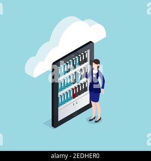 Archiviazione di documenti cloud progettazione isometrica con donna vicino agli scaffali con illustrazione vettoriale delle cartelle sul dispositivo mobile Illustrazione Vettoriale