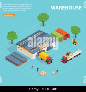 Vista dall'alto del magazzino, concetto di design isometrico con vano di carico degli edifici adibiti al deposito illustrazione vettoriale dei caricatori e dei lavoratori per il trasporto Illustrazione Vettoriale