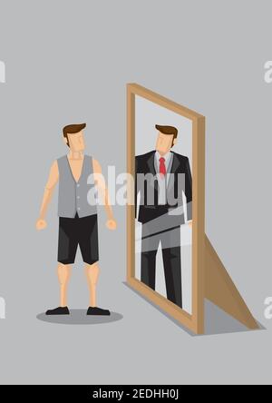 L'uomo dei cartoni animati in abbigliamento casual si trova di fronte allo specchio e si vede come un uomo ricco in abito in riflessione. Illustrazione vettoriale cartoon creativa Illustrazione Vettoriale
