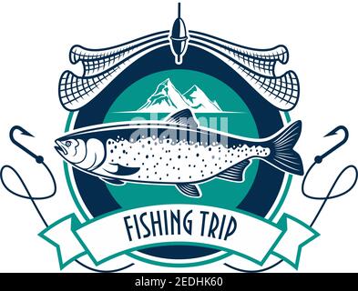 Icona pesca. Industria della pesca o pescatore viaggio sport club vettore isolato badge rotondo con salmone humpback, trota merluzzo o pesce storione, pesca ro Illustrazione Vettoriale