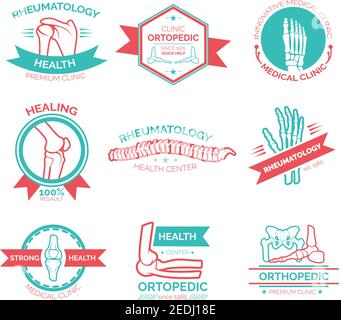 Simbolo della medicina ortopedica e reumatologica. Emblema, timbro e badge con ossa di mano, piede, colonna vertebrale, ginocchio, gomito e bacino per la medicina e la diagnosi Illustrazione Vettoriale
