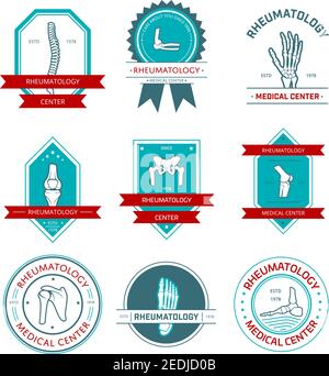 Set badge per centri medici di reumatologia e ortopedia. Gamba, mano, piede, colonna vertebrale, ginocchio, gomito, bacino, osso della spalla e articolazione, incorniciati da un timbro di tenuta e. Illustrazione Vettoriale