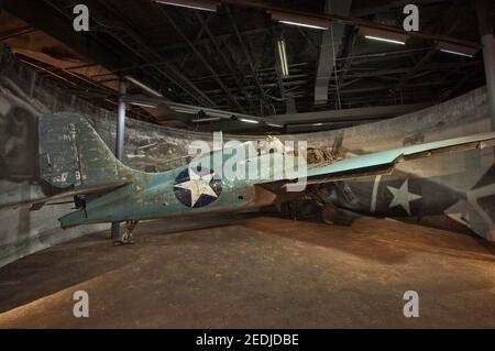 Grumman F4F Wildcat, un aereo da combattimento con base portante americana, mostra diorama alla George H W Bush Gallery al National Museum of the Pacific War di Fredericksburg, Texas, USA Foto Stock