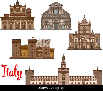 Simbolo del viaggio italiano, icona della linea sottile con la Cattedrale di Napoli, la Basilica di San Lorenzo, il castello medievale di Castel nuovo e il Castello Sforzesco, la chiesa di Santa ma Illustrazione Vettoriale