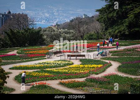 La sfilata di tulipani nel Giardino Botanico Nikitsky Yalta il 07 aprile 2018. Le persone camminano tra i colorati letti di fiori, scattare foto di fiori. C Foto Stock