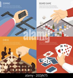 Quattro giochi da tavolo quadrati di design set con domino carte scacchi descrizioni vettoriale illustrazione Illustrazione Vettoriale