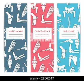 Set di modelli di banner per medicina, sanità e ortopedia. Clinica medica e diagnostica, progettazione di schede di un centro sanitario di riabilitazione con ossa di piede, Illustrazione Vettoriale