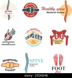 Set di emblemi ortopedici e traumatologici. Ossa scheletriche umane e articolazioni di gambe, mani, colonna vertebrale, piedi, bacino e ginocchia simboli per clinica medica, diagno Illustrazione Vettoriale