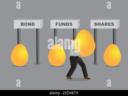 Uomo d'affari che decide come diversificare le sue uova d'oro. Concetto di diversificazione delle attività aziendali. Illustrazione della ricchezza di investimento. Illustrazione Vettoriale