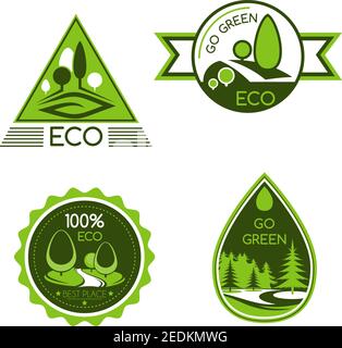 Vai icone vettoriali verdi. Natura e protezione dell'ambiente simboli di gocce d'acqua e alberi forestali. Concetto di risparmio ecologico per viaggi ecologici, senza sprechi o. Illustrazione Vettoriale
