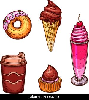 Icone vettoriali di dolci e dessert abbozzati. Frullato di cioccolato con ciliegia e panna montata, ciambella smaltata al caramello, gelato al cono di wafer, Illustrazione Vettoriale